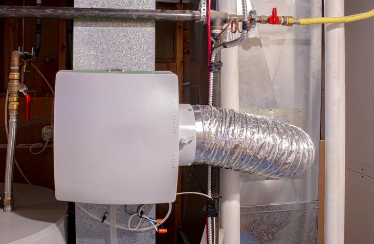 A white box with a metal pipe connected to its side, positioned against a neutral background.