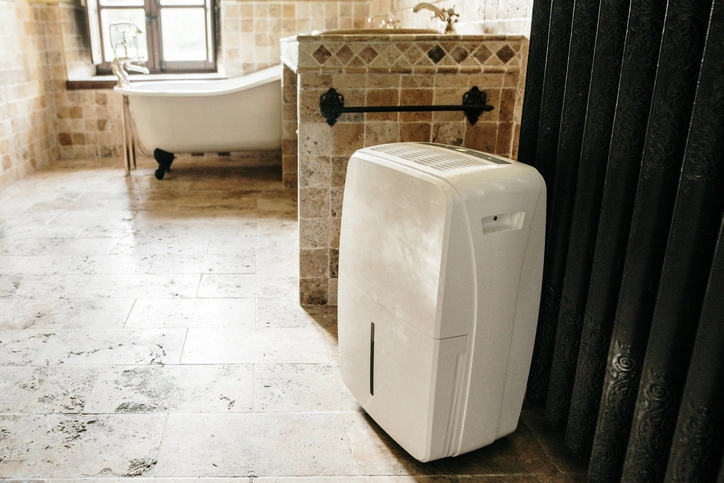 A white air conditioner installed in a bathroom, providing cooling and comfort in the space.
