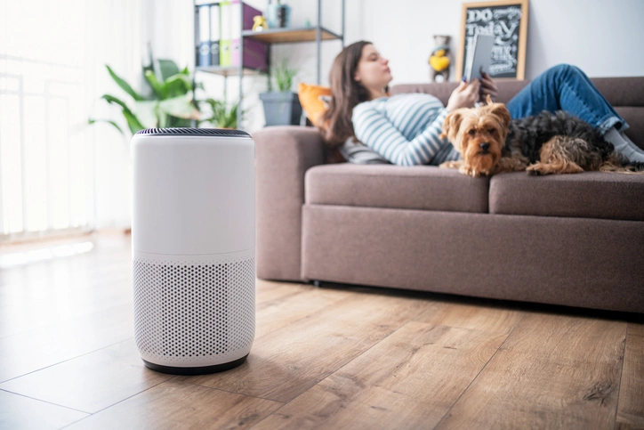 A woman sits on a couch while a dog rests on the floor beside a smart air purifier in a cozy living room setting.