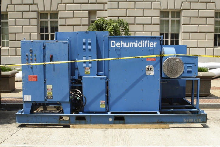 A blue machine positioned on a sidewalk, surrounded by urban scenery.
