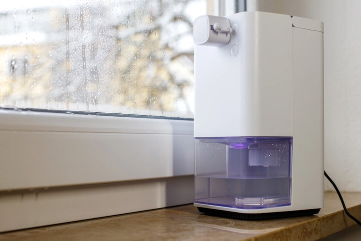 A white and purple water dispenser placed on a kitchen counter, showcasing its sleek design and modern colors.